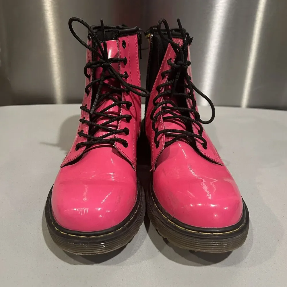 Dr Doc Martens Delaney Youth Size 3 Boots Hot Pink Lace Up Side Zip‎ Patent